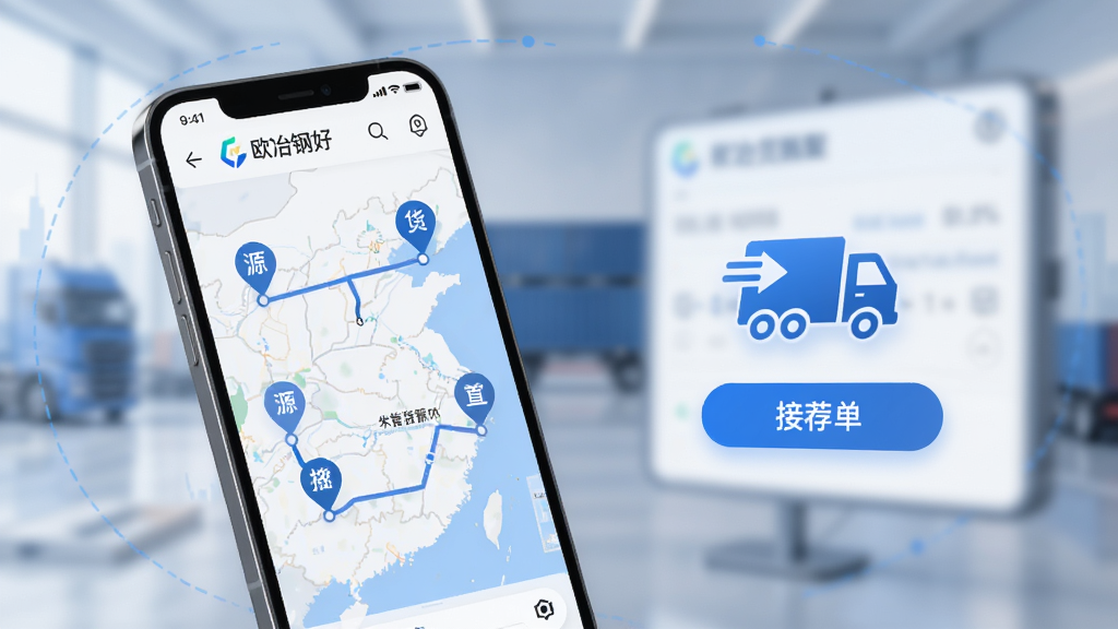 一张展示欧冶钢好智能货源匹配功能的界面概念图,画面中手机屏幕显示地图上多个货源标记点与推荐路线,旁边有货车图标和接单按钮,背景虚化处理,风格简洁现代,采用蓝色调为主,布局清晰,画质高清,干净无多余元素