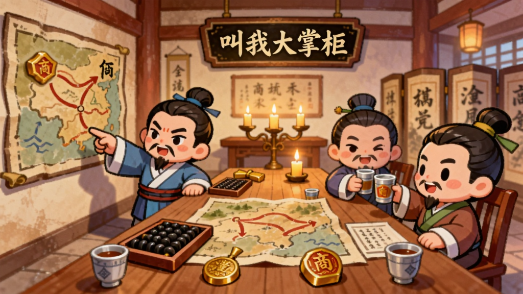 一幅古代商会大厅场景图,画面中多位Q版掌柜围坐在长桌旁,桌上有地图、算盘、令牌和酒杯,墙上挂着“叫我大掌柜”商会牌匾,画面左侧一位掌柜正在指点地图上的商路,右侧两位掌柜在举杯交谈,背景有屏风和烛台,布局为横向长桌会议构图,风格为国风Q版插画,细节包括人物服饰、桌面道具、墙上字画、烛光氛围,画质清晰温暖,无多余元素