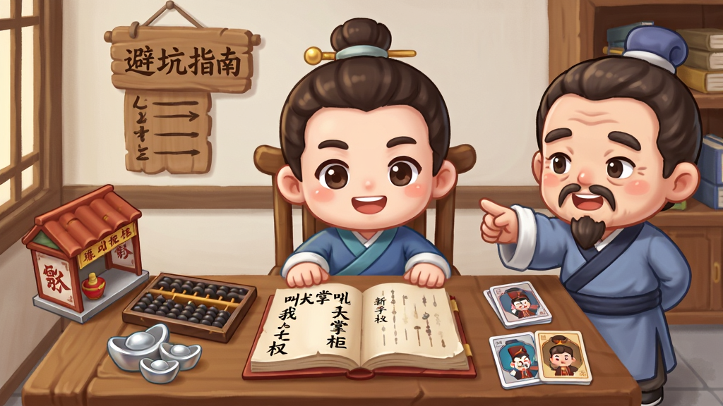 一幅古代书房场景图,画面中一位Q版新手掌柜坐在书桌前,桌上摊开一本“叫我大掌柜”新手手册,旁边有算盘、银锭、药铺模型和门客卡牌,墙上挂着“避坑指南”四个字的木牌,画面右侧有一位老掌柜在指点新手,布局为左右对称的师徒教学构图,风格为国风Q版插画,细节包括书桌纹理、手册页面、算盘珠子、银锭光泽、卡牌图案,画质清晰干净,无多余元素