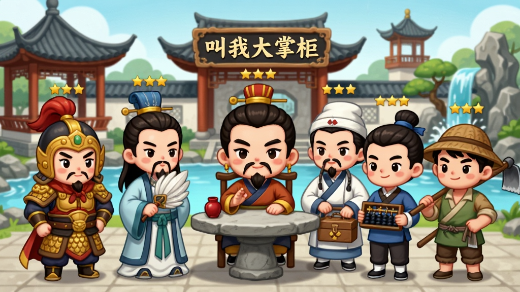 一幅古代庭院场景图,画面中一位Q版掌柜坐在石桌旁,面前站着五位不同装扮的门客,有穿铠甲的武将、摇羽扇的谋士、挎药箱的医师、拿算盘的账房先生、扛锄头的农夫,每位门客头顶有星级标识,背景是古典园林的亭台楼阁和假山流水,画面中央上方有“叫我大掌柜”牌匾,布局为人物环绕掌柜的扇形站位,风格为国风Q版角色立绘,细节包括人物服饰纹样、武器道具、表情神态,画质精细干净,无多余元素