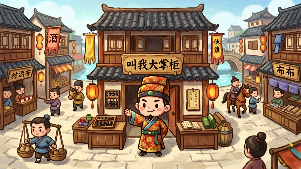 一幅古代繁华街市全景图,画面中央是一位身穿锦缎长袍、头戴掌柜帽的Q版男性角色,站在自家店铺门前拱手迎客,身后是挂着“叫我大掌柜”牌匾的两层木质商铺,左右两侧分布着药铺、酒楼、布庄等各式店铺,街道上有挑担的货郎、骑马的信使、逛街的百姓,远处有拱桥流水和层叠的屋顶,整体布局采用横向展开的卷轴式构图,排版上人物居中、店铺错落有致,风格为国风手绘Q版,细节包括灯笼、幌子、青石板路、木质柜台、算盘和账本,画质清晰干净,色彩温暖明亮,无多余元素