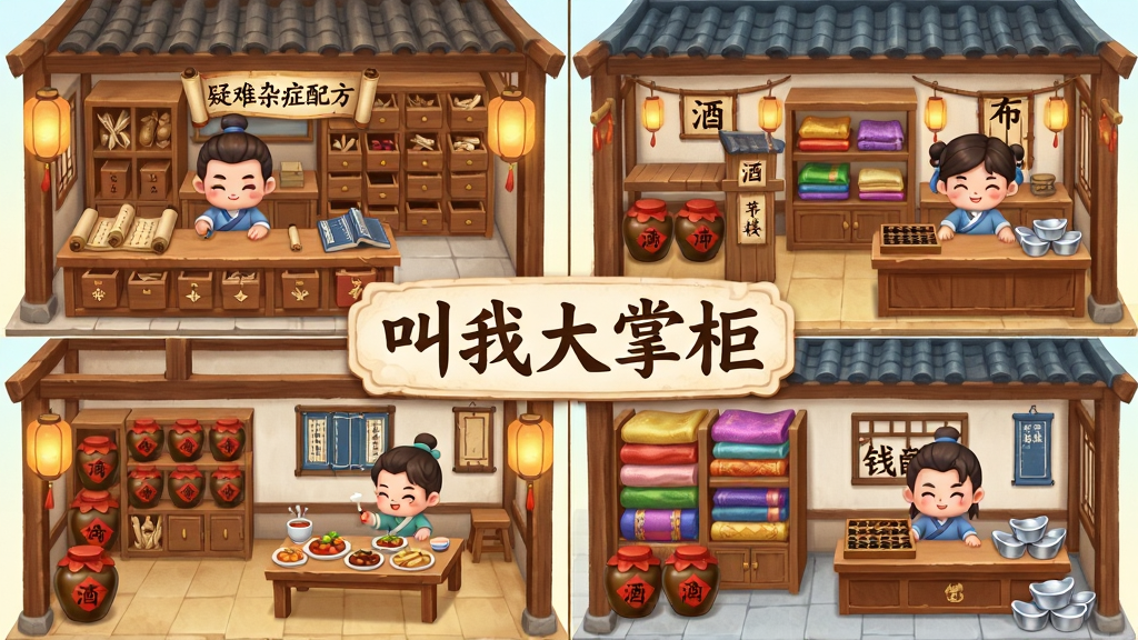 一幅古代商业街区的俯瞰场景图,画面中并列展示药铺、酒楼、布庄、钱庄四类店铺的剖面内部结构,每家店铺内有Q版伙计在忙碌,药铺柜台摆放着“疑难杂症配方”卷轴,酒楼桌上摆满菜肴,布庄货架堆着绸缎,钱庄柜台放着算盘和银锭,画面中央上方有“叫我大掌柜”五个大字,布局为四宫格加中间标题的排版,风格为清新国风插画,细节包括木质梁柱、灯笼、柜台、账本、药材抽屉、酒坛、布匹纹理,画质干净明亮,无多余元素