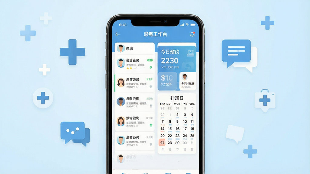 一张展示就医号医生端手机应用界面的图片,画面中央是一部竖屏智能手机,屏幕内显示医生工作台界面,包含患者咨询列表、今日预约卡片和排班日历模块,背景为干净的浅蓝色渐变,周围点缀简约的医疗十字与对话气泡图标,风格现代扁平化,细节清晰,画质干净无多余元素