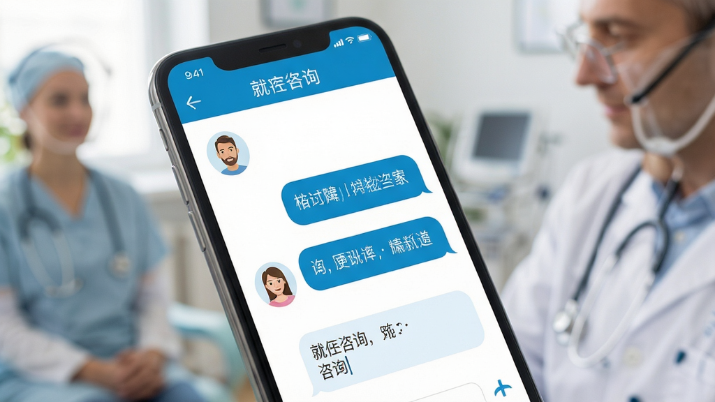 就医号医生端在线咨询界面展示图,画面主体为手机屏幕特写,屏幕中显示患者头像与咨询对话气泡,医生正在输入回复内容,界面配色以白色和医疗蓝为主,背景虚化处理,风格简洁专业,画质清晰,干净无多余元素