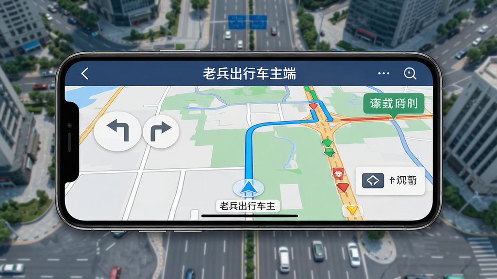 一张以“老兵出行车主端”导航功能为核心的展示图,画面中手机横屏显示导航地图界面,有蓝色路线指引、实时路况颜色标注和转向箭头,背景为城市道路俯瞰图,风格为写实科技风,色调清爽,画面干净,文字“老兵出行车主端”出现在导航栏位置,高清晰度,无多余元素。