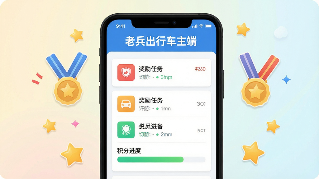 一张以“老兵出行车主端”司机奖励页面为主题的图片,画面中手机屏幕显示奖励任务列表和积分进度条,周围有勋章和星星元素点缀,背景为浅色渐变,风格为活泼扁平化设计,色调明快,画面干净,文字“老兵出行车主端”出现在屏幕顶部,高清晰度,无多余元素。