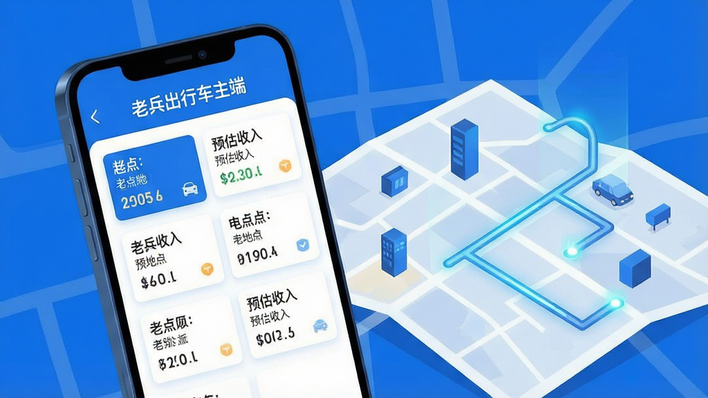 一张展示“老兵出行车主端”智能派单功能的场景图,画面中一部手机屏幕显示多个订单卡片,卡片上标注起点终点和预估收入,手机旁有城市地图和路线光效,整体风格为科技感扁平插画,蓝色与白色为主色调,画面干净整洁,文字“老兵出行车主端”出现在手机屏幕顶部,高清晰度,无多余元素。