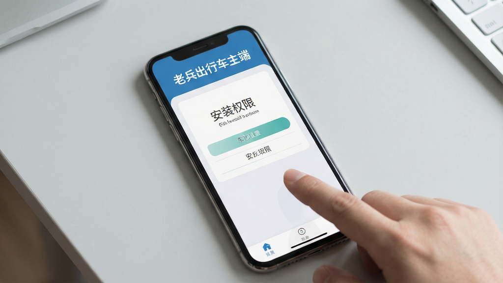 一张以“老兵出行车主端”使用教程为主题的图片,画面中一部手机显示安装权限设置界面,旁边有手指点击屏幕的示意,背景为浅灰色桌面,风格为简洁教程风,色调柔和,画面干净,文字“老兵出行车主端”出现在手机屏幕顶部,高清晰度,无多余元素。