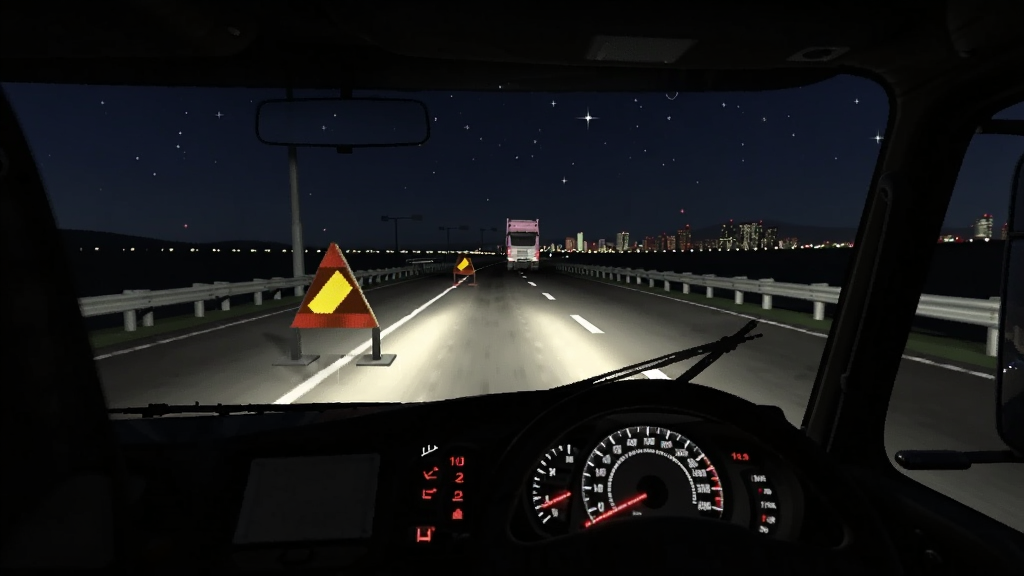 夜晚高速公路上一辆卡车开启远光灯行驶,前方有反光路标,天空有星星,远处有城市灯光,风格写实游戏截图,细节包括仪表盘背光、驾驶室内部轮廓,画质清晰,干净无多余元素