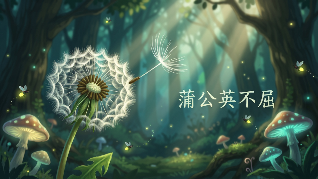 一株蒲公英种子在奇幻森林中飘浮,光线从树冠缝隙洒落形成丁达尔效应,构图采用三分法将蒲公英置于画面左侧,风格为清新奇幻数字绘画,细节包含发光蘑菇与萤火虫点缀,画质细腻干净,画面中文字