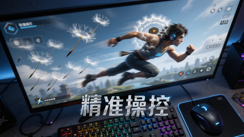 电脑屏幕显示游戏界面,画面中蒲公英种子正在空中做出冲刺动作,键盘与鼠标位于画面下方前景,构图采用俯视角度,风格为科技感游戏宣传图,细节包含按键高亮与动态模糊效果,画质清晰干净,画面中文字