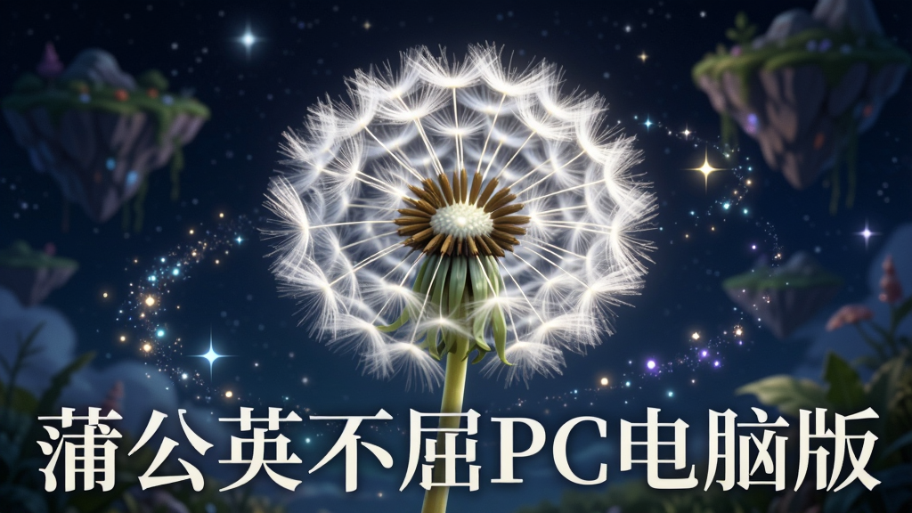 画面中央是一株发光的白色蒲公英种子,背景是深邃的夜空与漂浮的岛屿,周围环绕着发光的粒子与星尘,构图采用居中对称布局,风格为梦幻唯美奇幻插画,细节包括蒲公英绒毛的细腻纹理与星光点点,画质高清干净无多余元素,画面中文字
