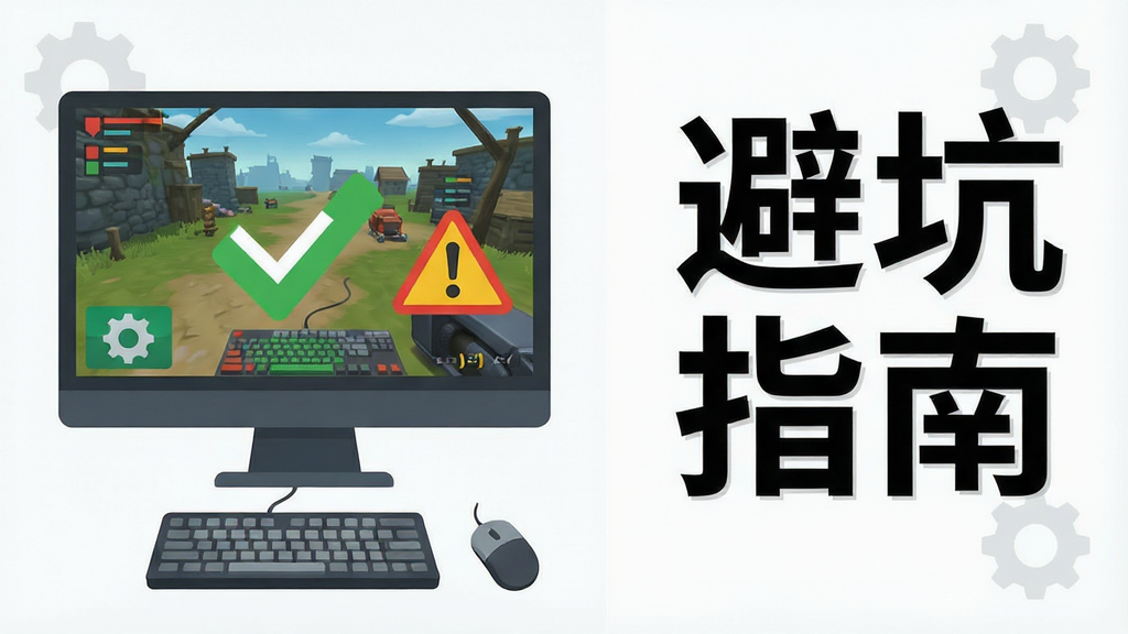 一台电脑显示器显示游戏正常运行画面,旁边有绿色对勾与警告标志,构图采用左右对比布局,风格为扁平化提示说明图,细节包含键盘鼠标图标与齿轮设置图标,画质简洁干净,画面中文字