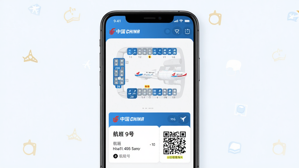 中国国航App值机选座功能界面,主体为手机屏幕显示航班座位图与电子登机牌,布局为上下结构上方座位图下方登机牌信息,风格为清新航空蓝配色,细节包括已选座位高亮显示、乘客姓名、航班号、二维码区域,排版整齐,画质高清,干净,无多余元素