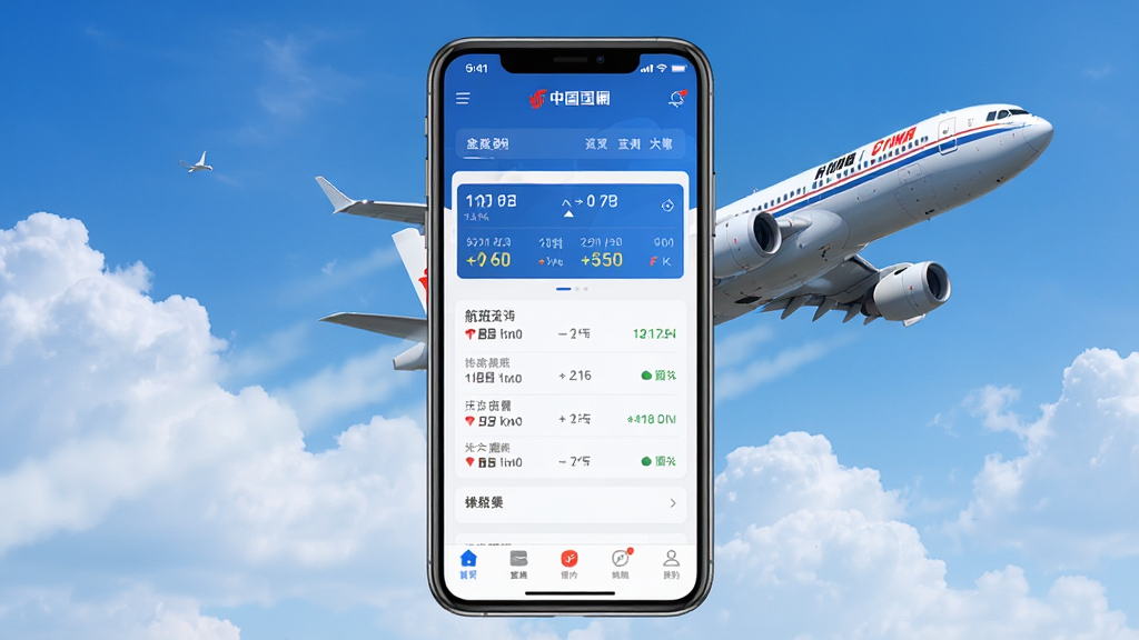 中国国航App官方界面展示,主体为一部智能手机屏幕中显示中国国航App首页航班查询界面,背景为蓝天白云与一架国航客机起飞画面,布局采用居中构图,风格为现代科技感与航空主题融合,细节包括蓝色主色调、航班卡片、底部导航栏图标,排版简洁清晰,画质高清,干净,无多余元素