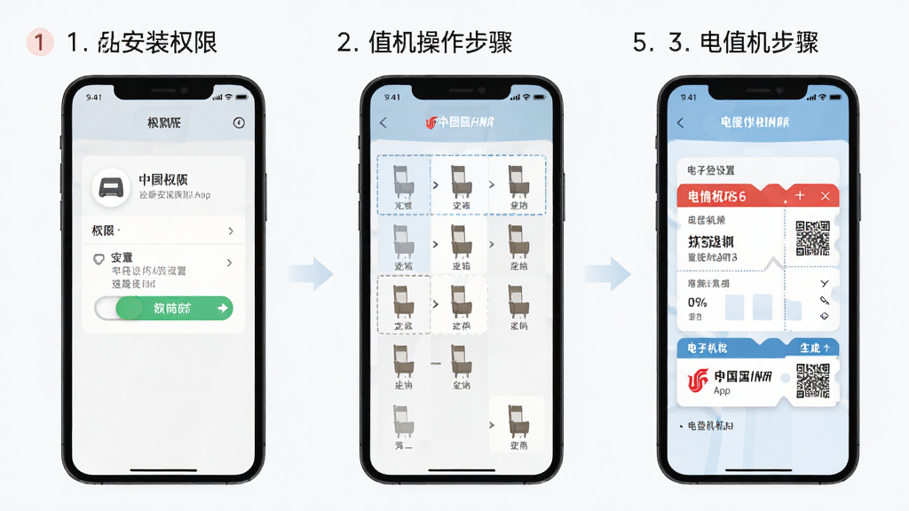 中国国航App使用教程示意图,主体为手机屏幕展示安装权限设置与值机操作步骤,布局为分步截图排列,风格为扁平化教学图解,细节包括权限开关、座位选择、电子登机牌生成,排版清晰,画质高清,干净,无多余元素