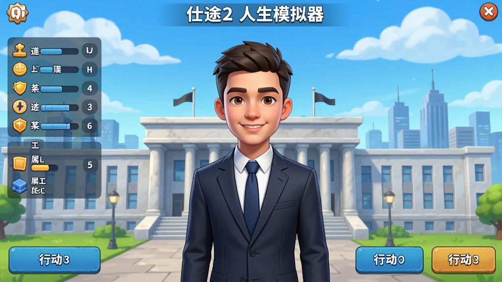 仕途2人生模拟器游戏主界面截图,画面中央展示一位穿着正装的年轻公务员站在政府大楼前,背景是蓝天白云与城市天际线,界面四周分布着属性面板与行动按钮,整体采用写实卡通风格,色调明亮干净,画质清晰,无多余元素