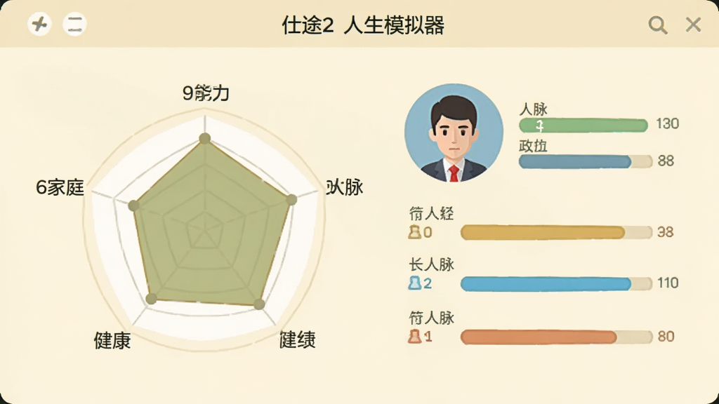 仕途2人生模拟器属性养成界面,画面中展示一个圆形雷达图,标注能力、人脉、政绩、健康、家庭五个维度,旁边有角色头像与数值条,整体采用扁平化设计风格,浅色背景,排版清晰,画质干净