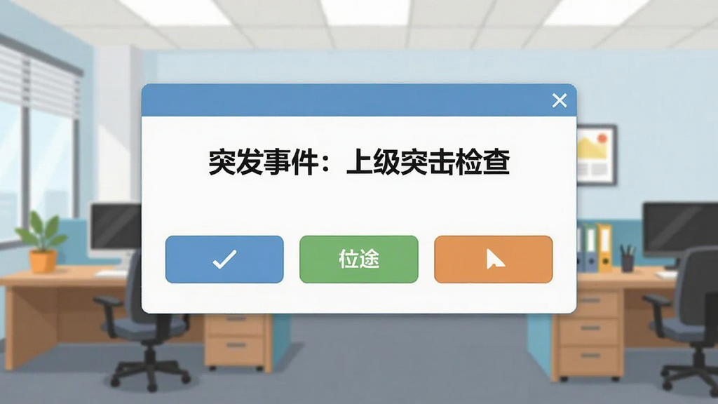 仕途2人生模拟器随机事件弹窗界面,画面中展示一个对话框,上方写着“突发事件:上级突击检查”,下方有三个选项按钮,背景是办公室场景,整体风格简洁明快,画质清晰无杂乱元素