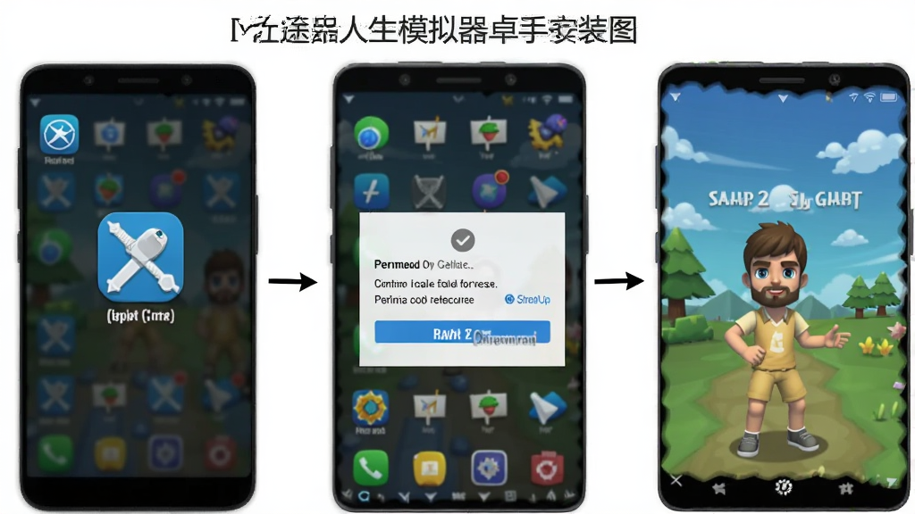 仕途2人生模拟器安卓手机安装步骤示意图,画面展示手机屏幕从应用安装到桌面图标的完整流程,包含权限设置界面与游戏启动画面,风格简洁直观,画质清晰,排版整齐