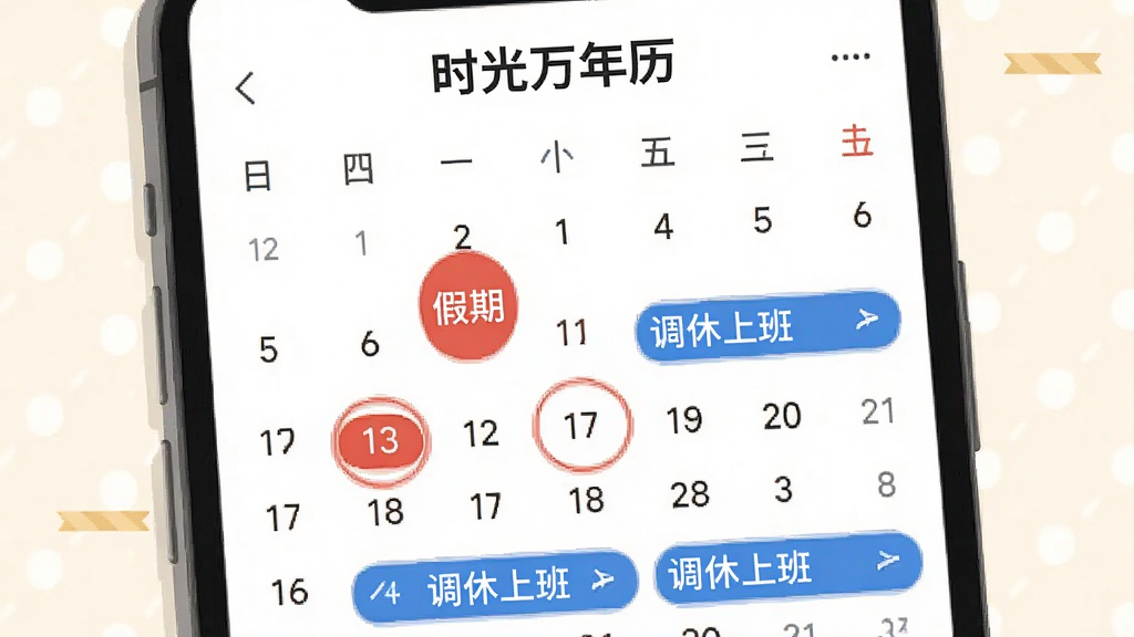 一幅展示节假日提醒功能的插画,画面中一部手机屏幕显示日历月视图,特定日期用红色圆圈标注假期、蓝色标注调休上班,屏幕上方显示“时光万年历”名称,背景为淡雅浅色,排版整洁,风格为扁平化UI插画,细节到位,画质高清,干净无多余元素