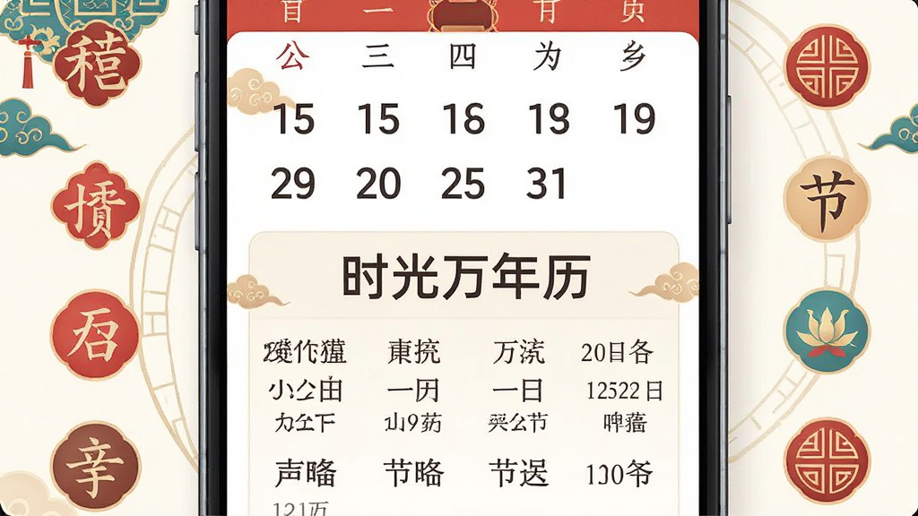 一幅手机日历界面的特写插画,画面中一部手机屏幕上方显示公历日期,下方对应显示农历日期和节气信息,屏幕中清晰标注“时光万年历”字样,周围点缀着中国传统纹样和节气图标,构图居中,风格为清新简约插画,细节清晰,画质高清,干净无多余元素