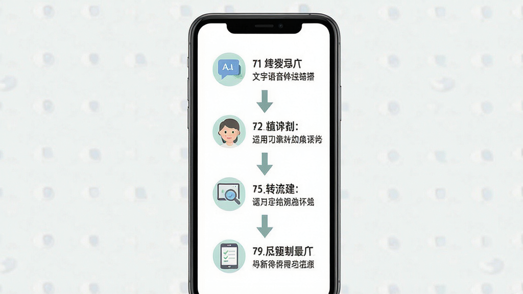 一张文字转语音工具新手操作指引图,画面主体为手机屏幕上的分步操作流程图,布局为从上到下的四步流程,排版清晰,风格为清爽素雅扁平风,细节包含每一步的图标示意、文字说明和箭头引导,画质高清干净无多余元素