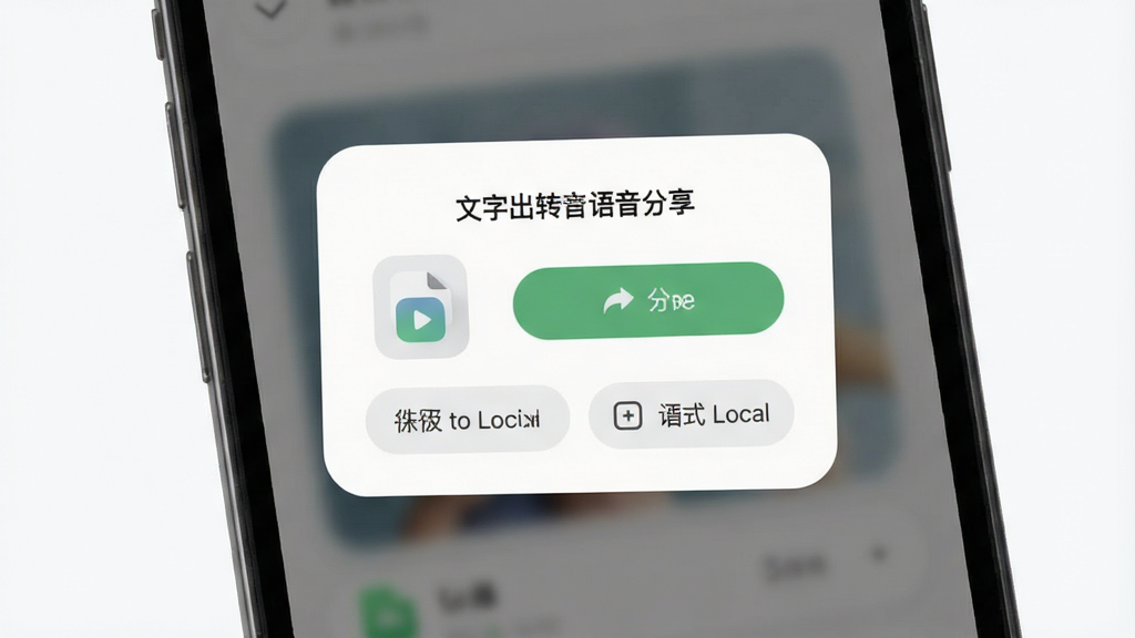 一张展示文字转语音工具导出分享功能的预览图,画面主体为手机屏幕上的导出完成提示弹窗,布局为居中卡片式设计,排版简洁,风格为柔和圆角现代风,细节包含音频文件图标、分享按钮、保存到本地按钮和格式选择选项,画质高清干净无多余元素