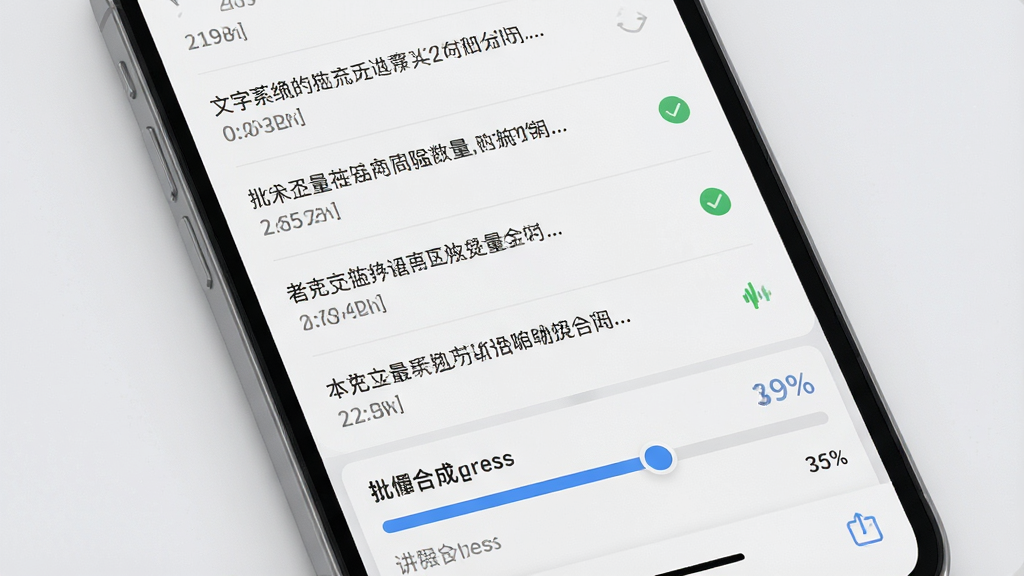 一张文字转语音工具批量处理功能的界面预览图,画面展示手机屏幕上的多段文字列表和批量合成进度条,布局为上下分区的列表式排版,风格为浅灰质感商务风,细节包含每段文字的时长标注、合成状态图标和整体进度百分比,画质高清干净无多余元素