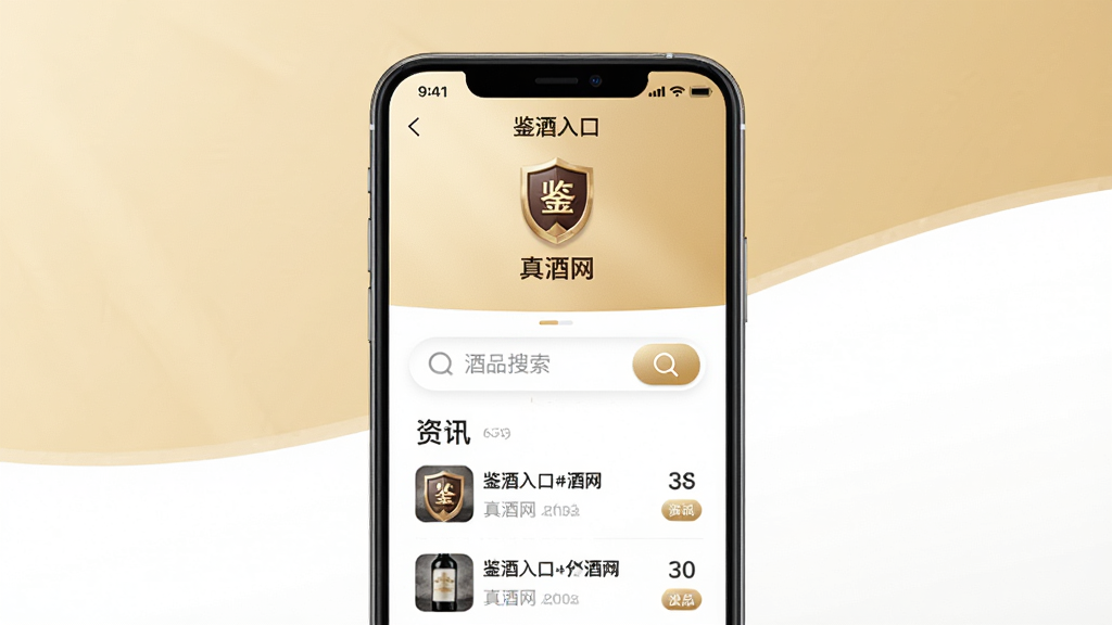 手机屏幕居中展示真酒网应用主界面,界面包含鉴酒入口、酒品搜索框和资讯列表,背景为淡金色与白色渐变,排版简洁清晰,风格现代商务,细节突出图标与按钮质感,画质高清干净无多余元素