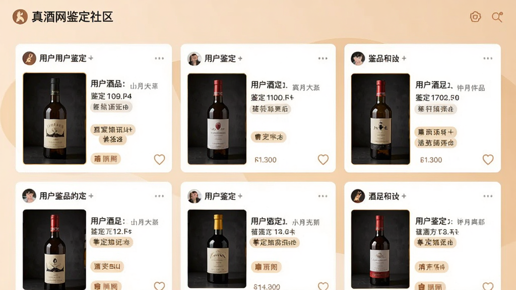 真酒网鉴定社区界面截图,展示多条用户发布的酒品鉴定帖子,每条帖子配有酒瓶照片和鉴定标签,界面采用卡片式布局,色调温暖柔和,排版整齐,画质高清干净无多余元素