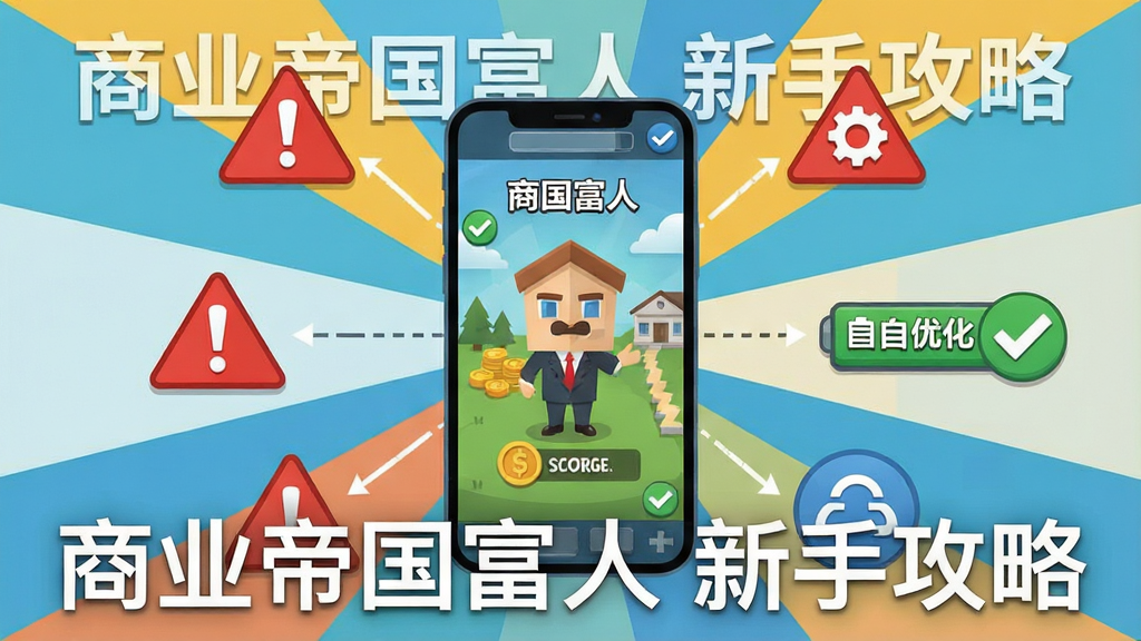 一张新手避坑指南的示意图,画面主体是一部智能手机,屏幕上显示商业帝国富人游戏界面,周围环绕着红色警示标志、存储空间图标、电池优化按钮、云存档符号,风格为扁平化信息图,排版采用中心放射状布局,细节包括盾牌、齿轮、问号、对勾,画质清晰干净,图片中文字标注“商业帝国富人 新手攻略”。