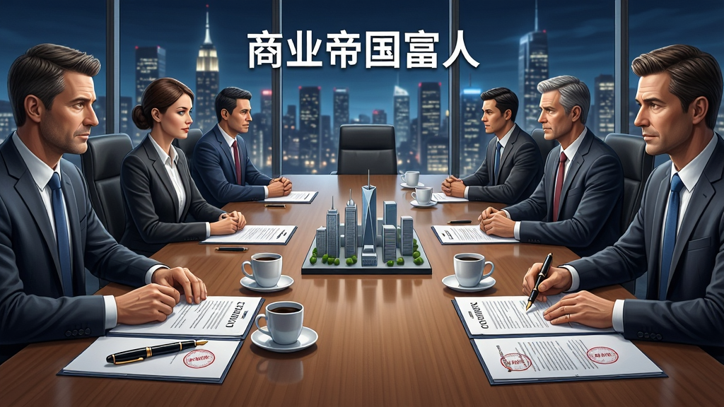 一张商业谈判场景的写实插画,画面中央是一张长条会议桌,两侧坐着西装革履的谈判代表,桌面上摆放着合同文件、钢笔、咖啡杯和微型城市模型,背景是落地窗外的繁华夜景,风格为商务写实,排版采用对称构图,细节包括人物表情、手势、文件上的印章,画质高清干净,图片中文字标注“商业帝国富人”。