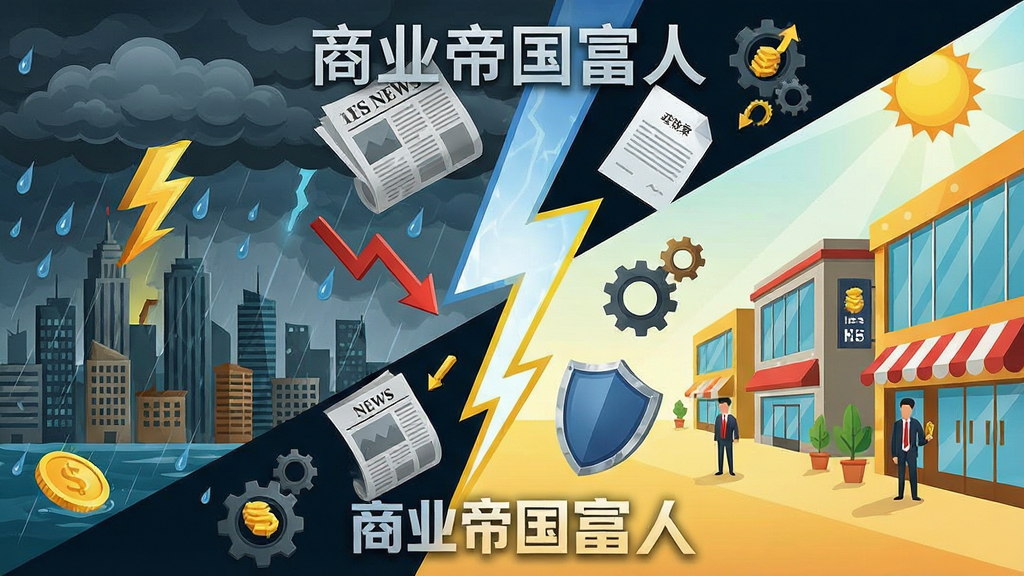 一张表现随机商业事件与危机的概念图,画面左侧是风暴中的城市,右侧是阳光下的繁荣商圈,中间用一道闪电分割,闪电周围漂浮着新闻报纸、股票下跌箭头、政策文件、齿轮等元素,风格为戏剧化商务插画,排版采用对角线构图,细节包括乌云、雨滴、金币、盾牌,画质清晰干净,图片中文字标注“商业帝国富人”。