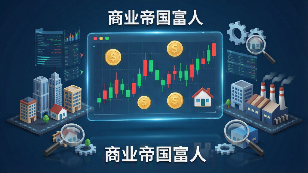 一张展示动态市场经济系统的概念图,画面主体是一个悬浮在空中的全息交易面板,面板上跳动着红绿相间的K线图、金币符号和房地产图标,周围环绕着微缩的城市建筑与工厂,风格为科技商务感,排版采用中心对称布局,细节包括数据流、齿轮、放大镜观察市场的元素,画质高清干净,图片中文字标注“商业帝国富人”。