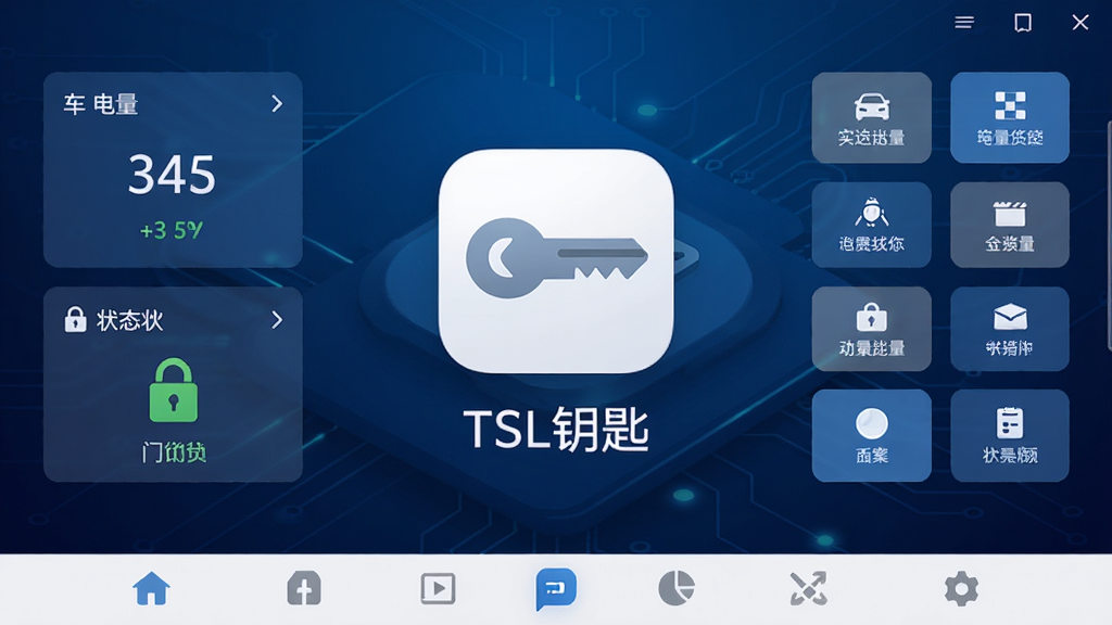 软件主界面中央展示“TSL钥匙”应用图标与名称,背景为深蓝色渐变科技风格,左侧为车辆状态卡片显示电量与门锁状态,右侧为功能按钮区排列整齐,底部为导航栏,整体采用扁平化设计,细节清晰,画质高清,干净简洁,无多余元素