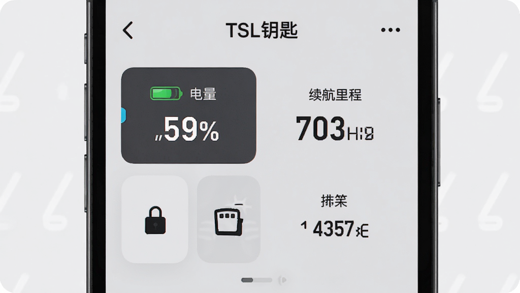 手机屏幕显示“TSL钥匙”车辆状态面板,界面包含电量百分比、续航里程数字、车门锁图标、车窗状态图标、胎压数值,布局清晰,背景为浅灰色,风格简约现代,细节精准,画质高清,无多余元素