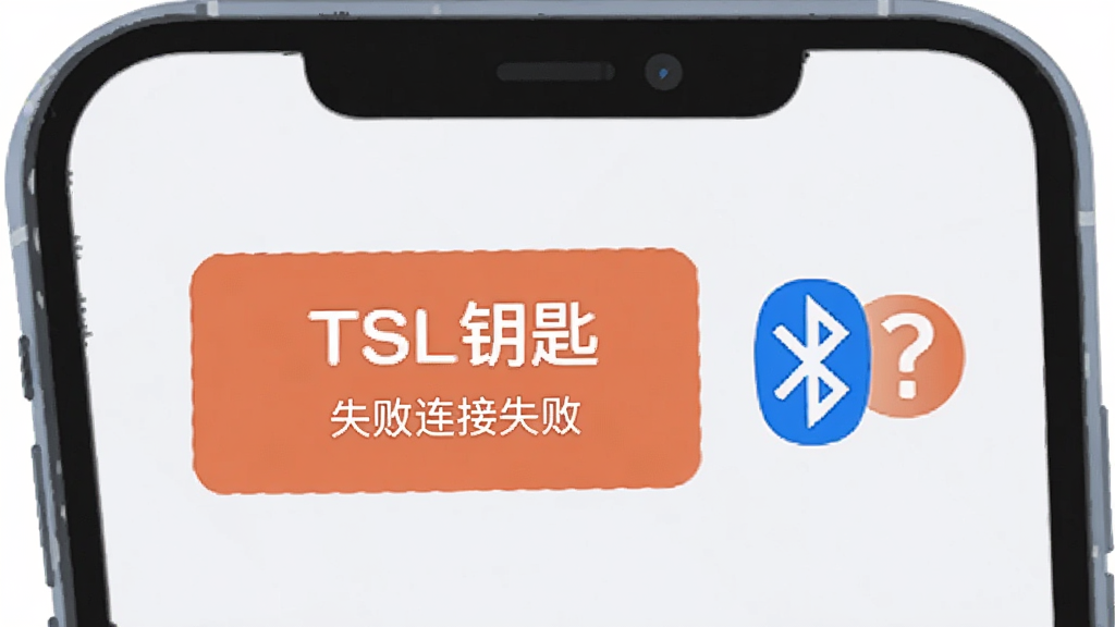 手机屏幕显示“TSL钥匙”连接失败提示框,旁边有蓝牙图标与问号,背景为浅色,风格扁平化插画,细节清晰,画质干净,无多余元素