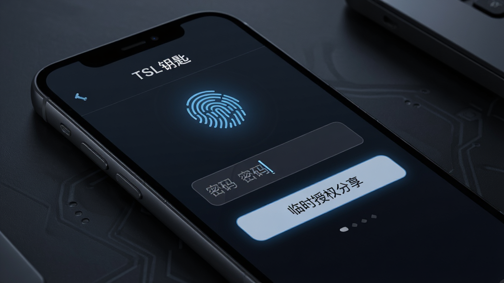 手机屏幕显示“TSL钥匙”安全设置页面,包含指纹识别图标、密码输入框、临时授权分享按钮,界面设计具有科技感,背景为深色,风格沉稳专业,细节清晰,画质高清,无多余元素