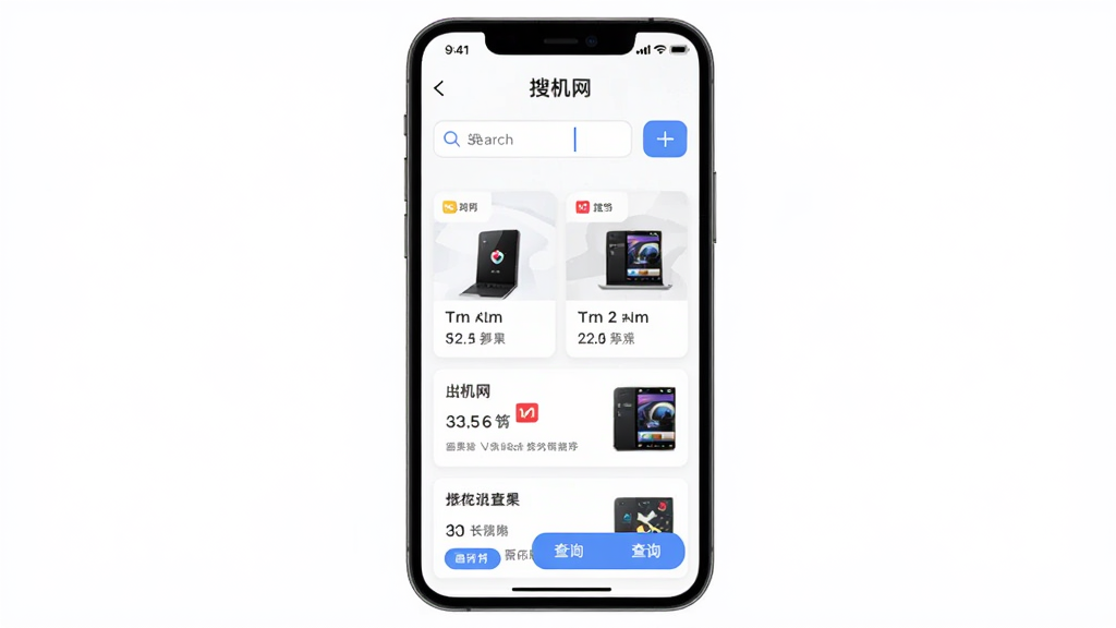 主体为搜机网应用搜索界面,布局为手机屏幕居中,排版为搜索框在上方、结果列表在下方,风格为简洁清爽的移动端UI,细节包括搜索图标、输入光标、手机型号卡片、查询按钮,画质为高清干净无多余元素
