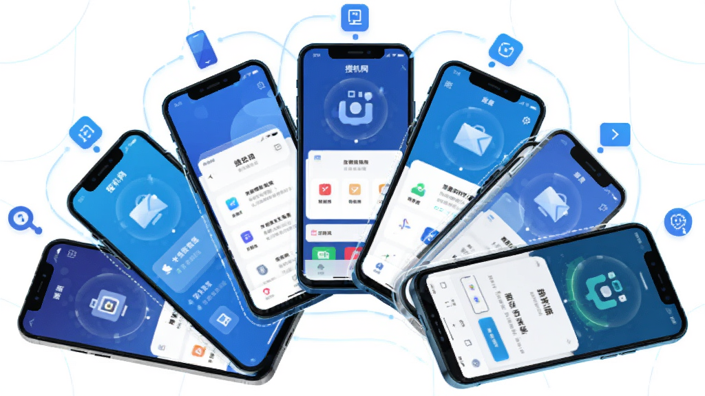 主体为搜机网应用功能展示图,布局为多部手机环绕排列,排版为扇形展开,风格为科技感插画,细节包括每部手机屏幕显示不同功能界面、连接线条、图标装饰,画质为高清干净无多余元素