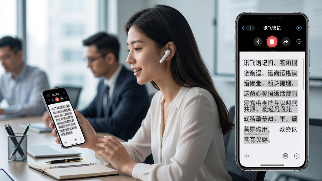 一张展示讯飞语记语音实时转文字功能的AI生图。主体是一位年轻女性在会议桌前对着手机说话。手机屏幕上显示“讯飞语记”的录音界面,下方有大段中文文字正在实时生成。布局为人物半身特写加手机屏幕特写。排版上手机屏幕内容占据画面右侧三分之一。风格为现代办公写实风。细节包括女性佩戴蓝牙耳机,桌上有笔记本和笔,背景有模糊的其他与会人员。画质清晰,干净,无多余元素。