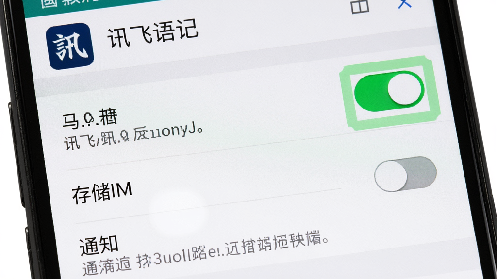 一张展示讯飞语记在手机端权限设置界面的AI生图。主体是一部安卓手机,屏幕上显示“讯飞语记”的应用权限管理页面,有麦克风、存储、通知三个权限开关,麦克风权限开关被高亮标注为绿色开启状态。布局为手机屏幕正面特写。风格为系统设置界面写实风。细节包括屏幕上方有“讯飞语记”图标和名称,下方有权限说明文字。画质清晰,干净,无多余元素。