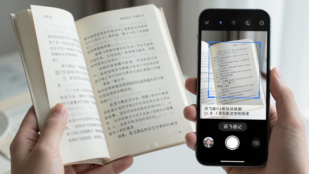 一张展示讯飞语记图片转文字功能的AI生图。主体是一只手拿着一本打开的书,旁边放着一部手机。手机屏幕上显示相机取景框对准书页,取景框下方有“讯飞语记”的文字识别按钮和正在提取的文字结果。布局为手持书本和手机的特写。排版上手机屏幕内容占据画面中心。风格为清新写实风。细节包括书页上有清晰的中文段落,手机屏幕上有蓝色识别框。画质清晰,干净,无多余元素。