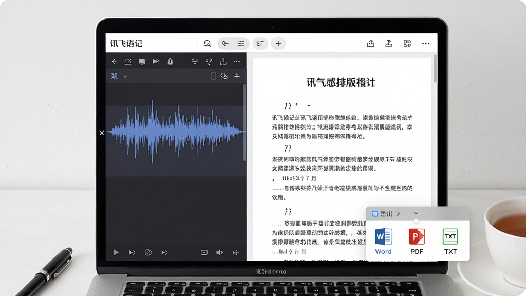 一张展示讯飞语记智能排版与导出功能的AI生图。主体是一台笔记本电脑屏幕,屏幕上显示“讯飞语记”的编辑界面,左侧是语音波形,右侧是排版整齐的中文文档,文档中有标题、分段和标点。屏幕右下角有一个导出菜单弹出,显示Word、PDF、TXT三个选项。布局为电脑屏幕正面特写。风格为简约办公风。细节包括屏幕旁边有一支笔和一杯茶。画质清晰,干净,无多余元素。