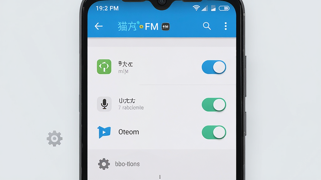 猫耳FM安卓手机安装与权限设置操作界面展示,画面主体为手机屏幕中应用权限管理页面,显示存储、麦克风、通知等权限开关,背景为浅灰简约风格,细节包含权限图标、开关按钮、设置齿轮等元素,画质高清,干净整洁,无多余元素