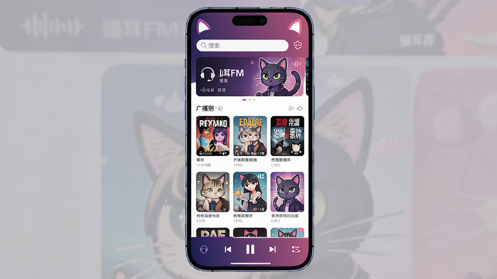 猫耳FM应用主界面全景展示,画面中央是手机屏幕内的猫耳FM首页,顶部为搜索栏与推荐轮播图,中部为广播剧封面卡片网格排列,底部为播放控制条,整体采用深紫色与粉色渐变配色,风格清新二次元,细节包含耳机图标、声波纹理与猫咪耳朵元素,画质高清,干净整洁,无多余元素