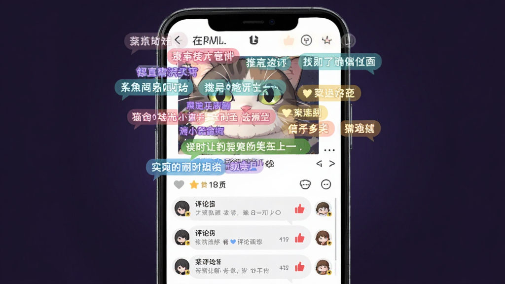 猫耳FM弹幕互动界面展示,画面主体为手机屏幕中播放中的广播剧界面,屏幕上飘过彩色弹幕文字,下方为评论区列表,背景为深紫色调,风格活泼二次元,细节包含弹幕气泡、点赞图标、评论头像等元素,画质高清,干净整洁,无多余元素
