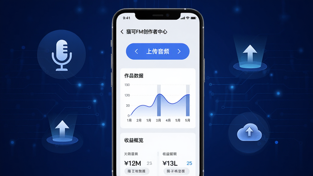 猫耳FM创作者中心界面展示,画面主体为手机屏幕中投稿后台页面,包含上传音频按钮、作品数据图表与收益概览,背景为深蓝渐变科技风,细节包含麦克风图标、数据曲线、上传箭头等元素,画质高清,干净整洁,无多余元素