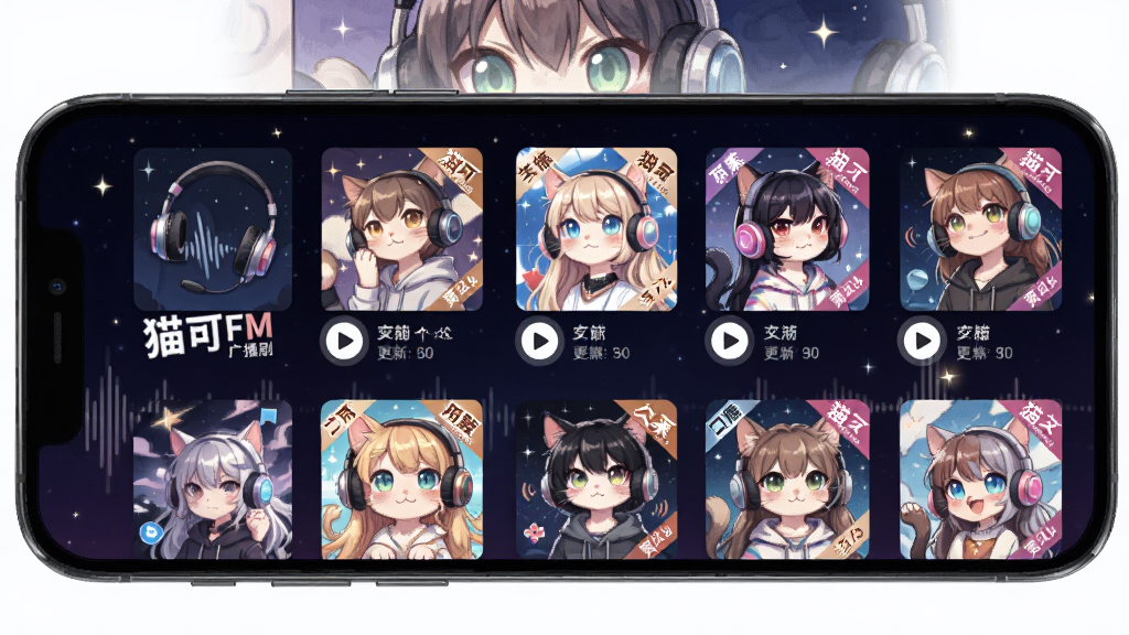 猫耳FM广播剧专区界面展示,画面主体为手机屏幕中排列整齐的广播剧专辑封面,每张封面带有播放按钮与更新集数标签,背景为深色星空渐变,风格现代二次元,细节包含耳机、声波、剧集角标等元素,画质高清,干净整洁,无多余元素